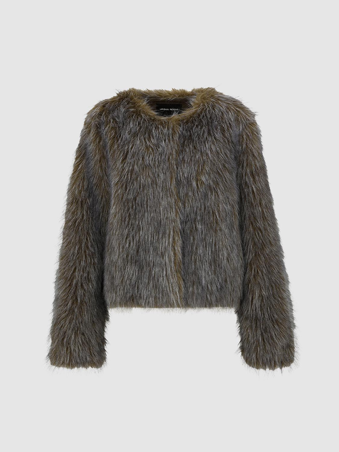 Crew Neck Fluffy Faux Fur Coats