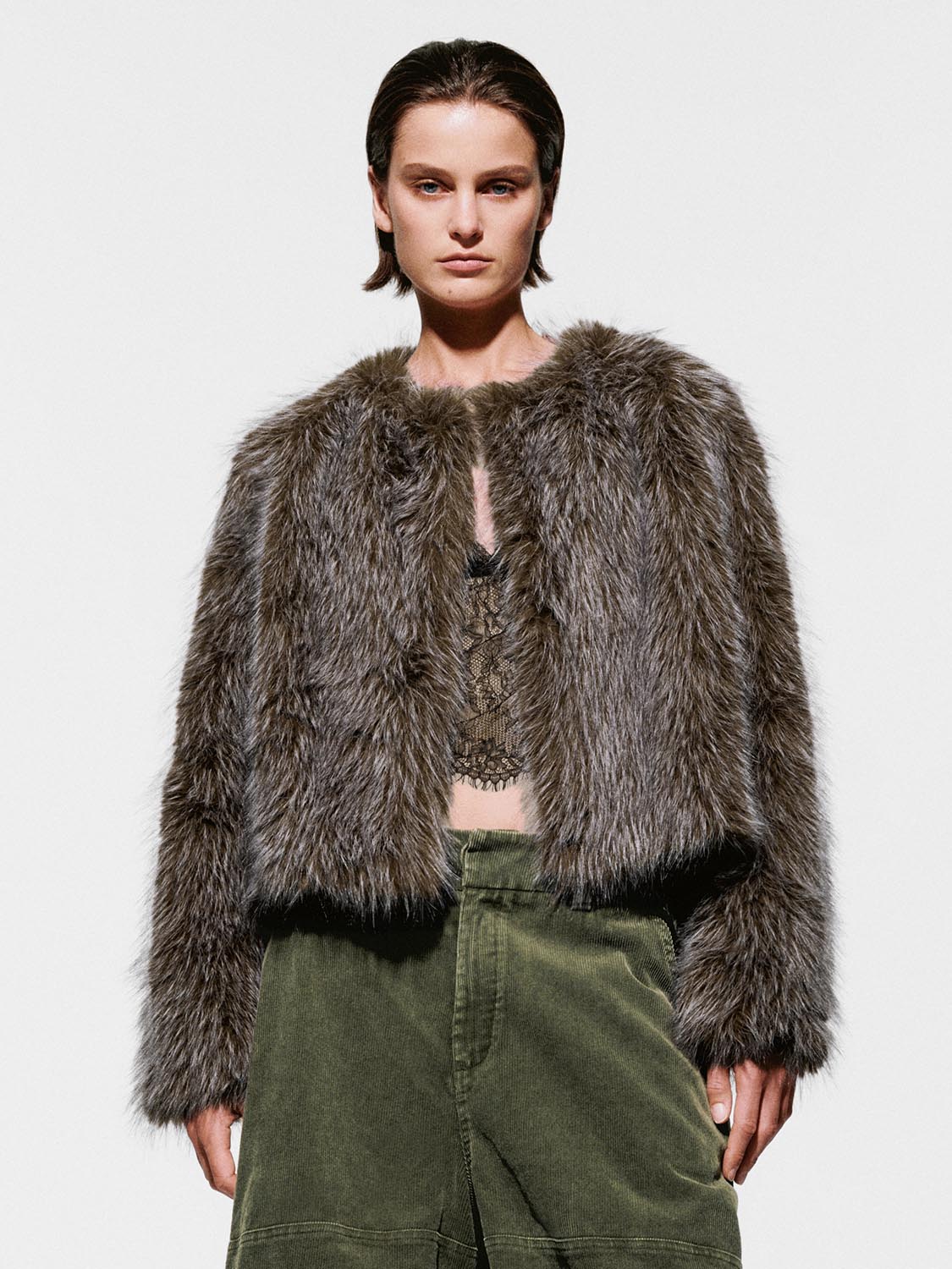 Crew Neck Fluffy Faux Fur Coats