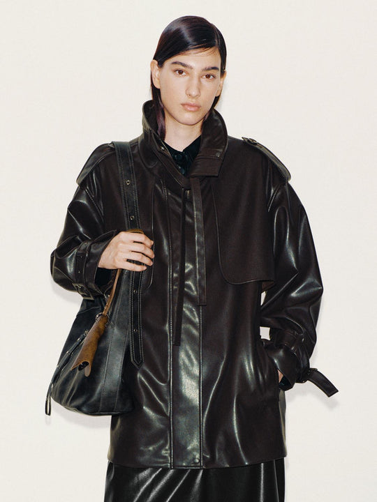 Funnel Neck Waist Belted Loose Fit Long Sleeve Trench Coat