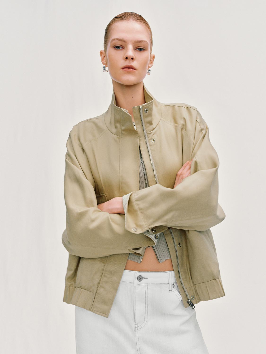 Zip Front Oversized Stand Collar Long Sleeve Jacket – URBAN REVIVO