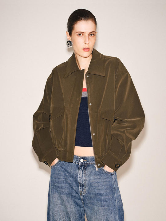 Olive Oversized Shirt Collar Front Zipper Jacket