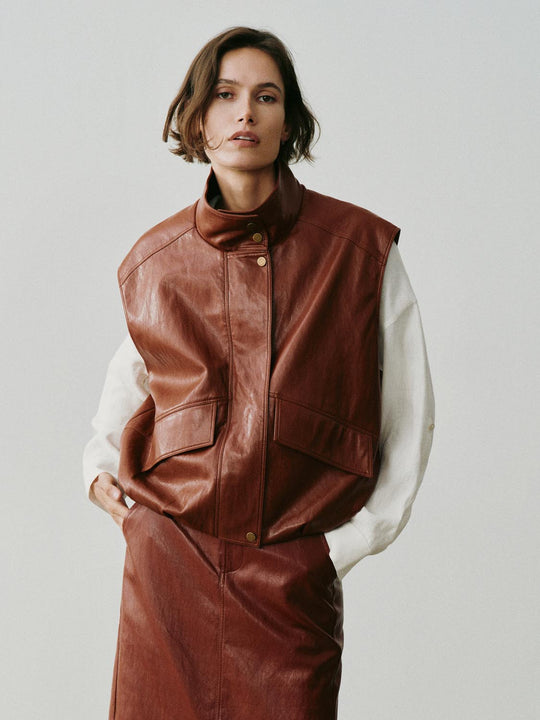 Snap Button Stand Collar Sleeveless Faux Leather Vest