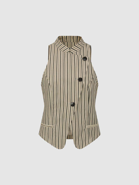 Stripe Stand Collar Sleeveless Asymmetric Button Vest