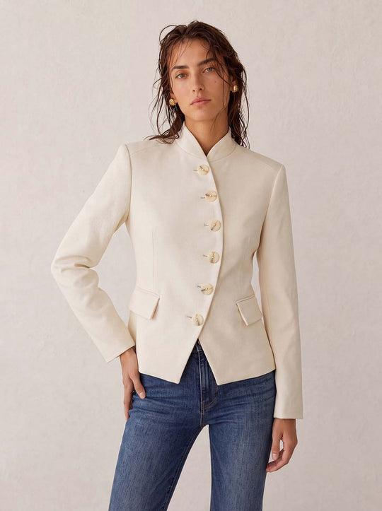 Button Front Tailored Mandarin Collar Long Sleeve Blazer