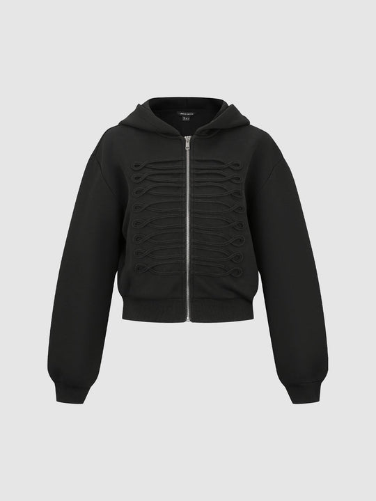 Long Sleeve Braided Front Zip Cotton Blend Hoodie