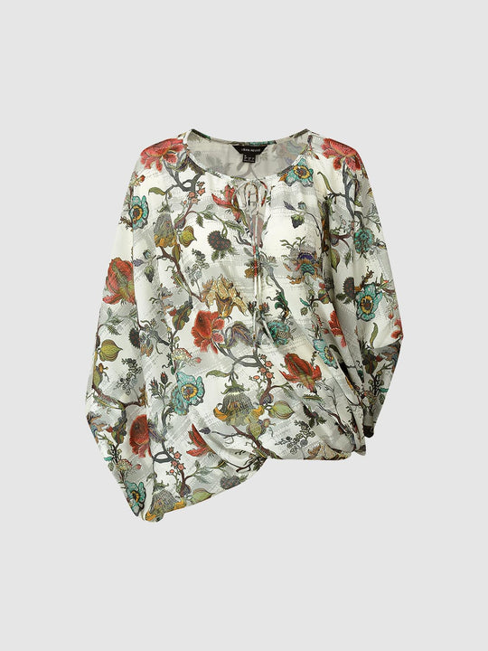 Tie Neck Twist Hem Floral Long Sleeve Relaxed Shirt