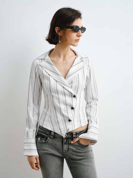 Stripe Notched Lapel Asymmetric Fitted Cropped Blazer Shirt