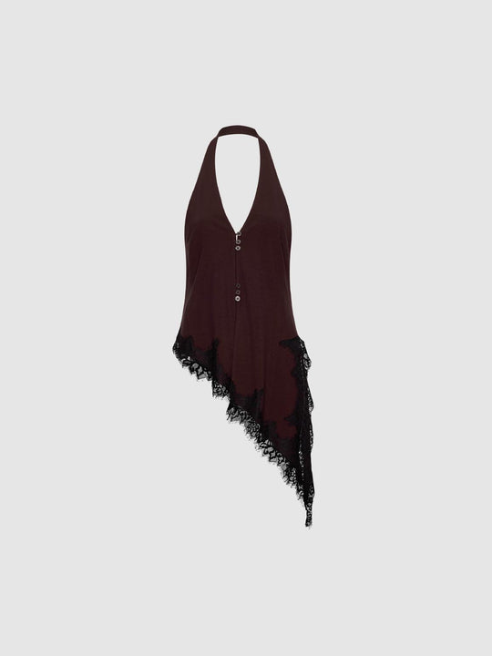 Button-front Asymmetric Lace V-neck Sleeveless Shirt