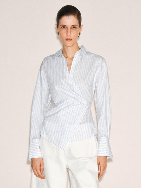 Striped Cotton Blend Asymmetric Wrap Shirt