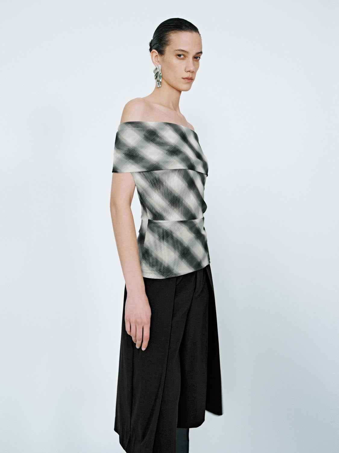 Off Shoulder Plaid Blouses