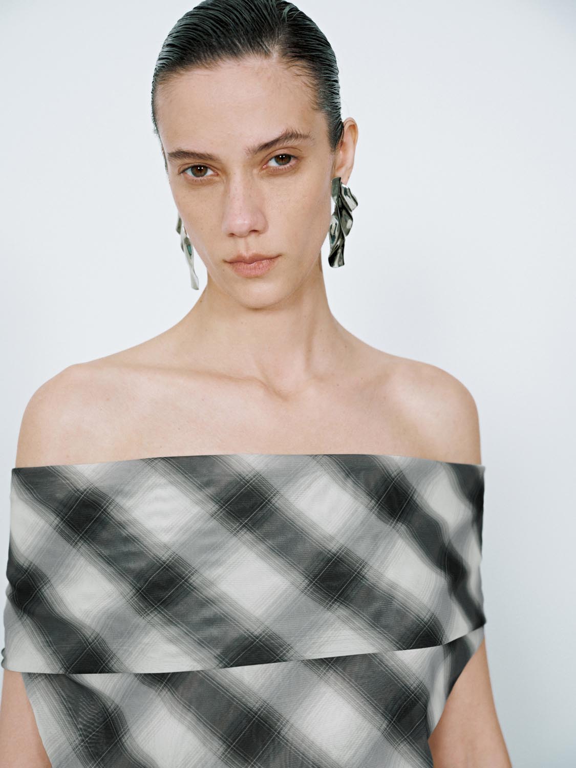 Off Shoulder Plaid Blouses