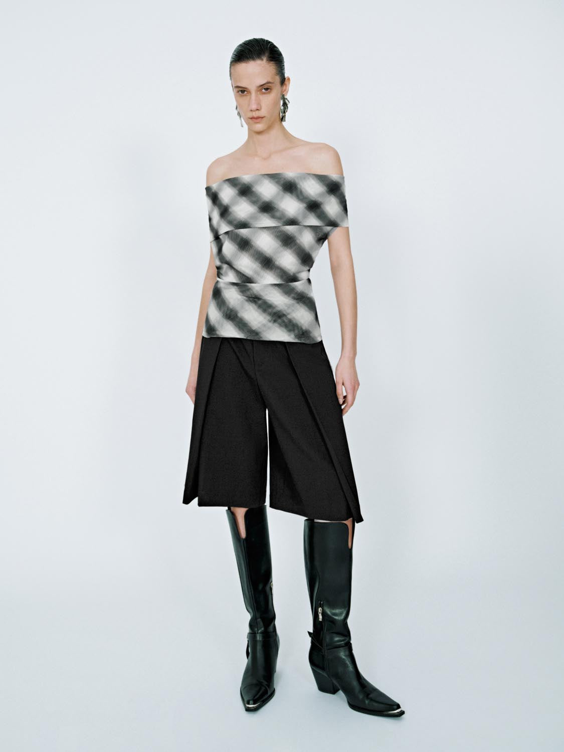 Off Shoulder Plaid Blouses