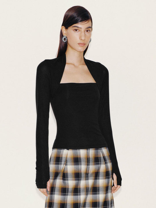 Halter Square Neck Ruched Wool Blend Long Sleeve Top