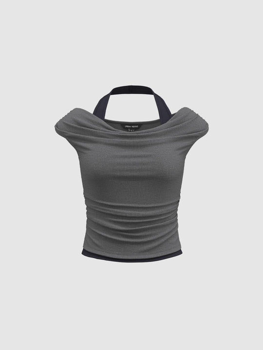 2 In 1 Contrast Halter Neck Ruched T-Shirts