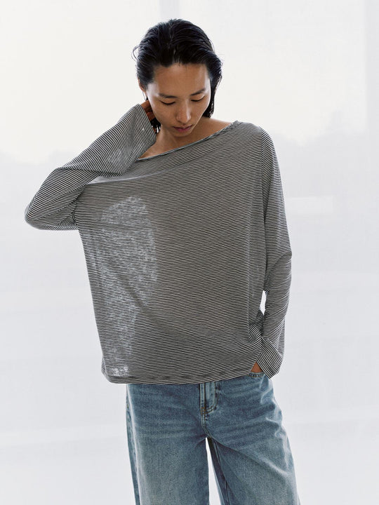 Boat Neck Striped Long Sleeve T-Shirts