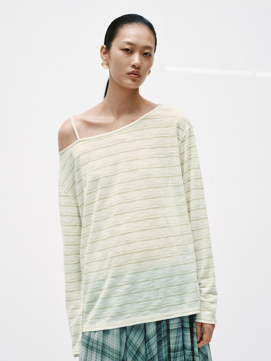 Cotton Blend Striped One Shoulder Loose Fit Top T-Shirts