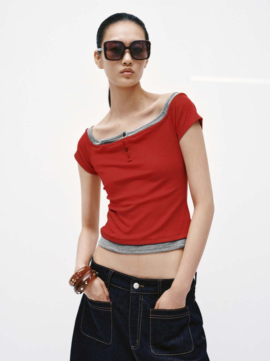 2 In 1 Contrast Boat Henley Neck Skinny-Fit T-Shirts