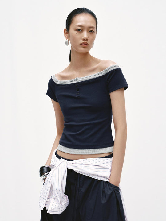 2 In 1 Boat Neck Button Detail Skinny-Fit T-Shirts