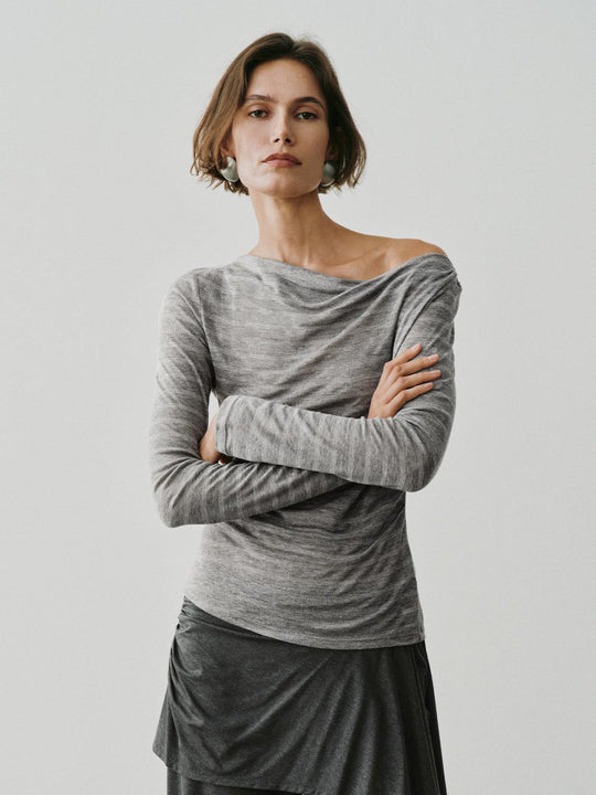 Striped Metallic Linen Blend One Shoulder T-Shirt