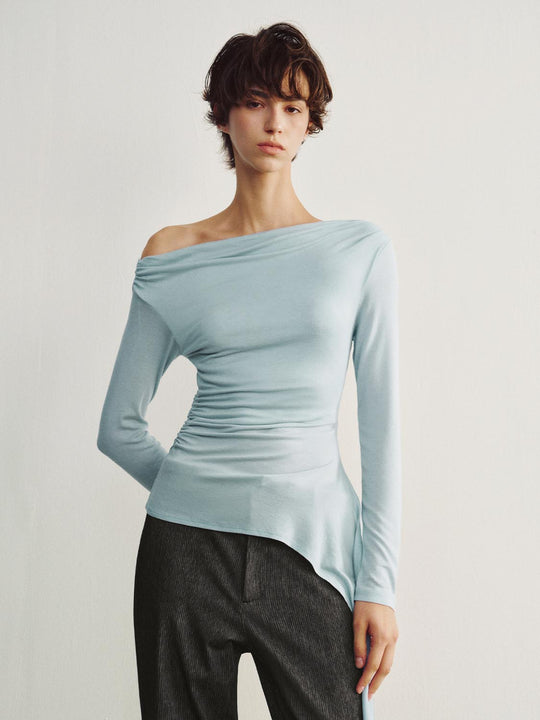 One-Shoulder Ruched Asymmetric Hem Long Sleeve T-Shirt