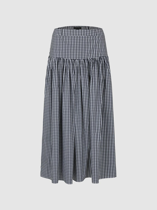 Contrast Check Shirring Detail A-Line Midi Skirts