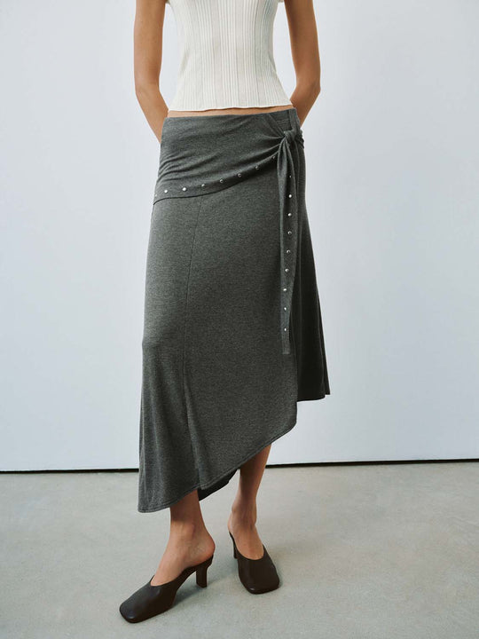 Beaded Tie Detail Asymmetric A-Line Midi Skirts
