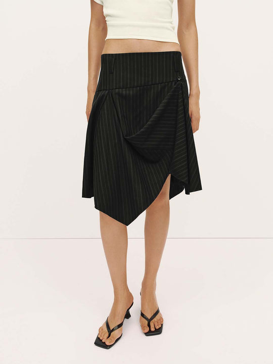 Pinstripe High Waist Draped Asymmetric Wrap Midi Skirt