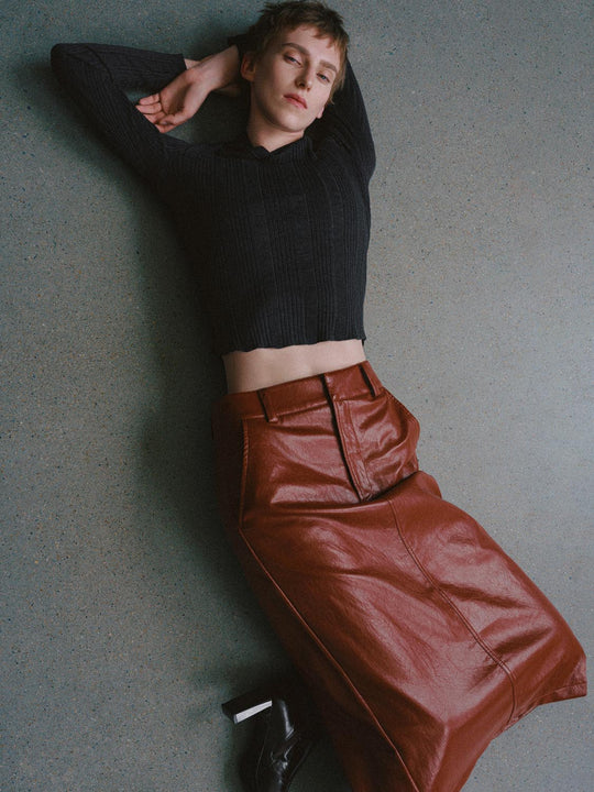 Brown Straight Belted Faux Leather Midi Skirt