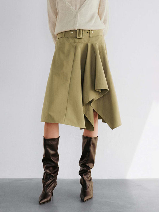 Belted Mid-rise Asymmetric A-Line Cotton Blend Skirt