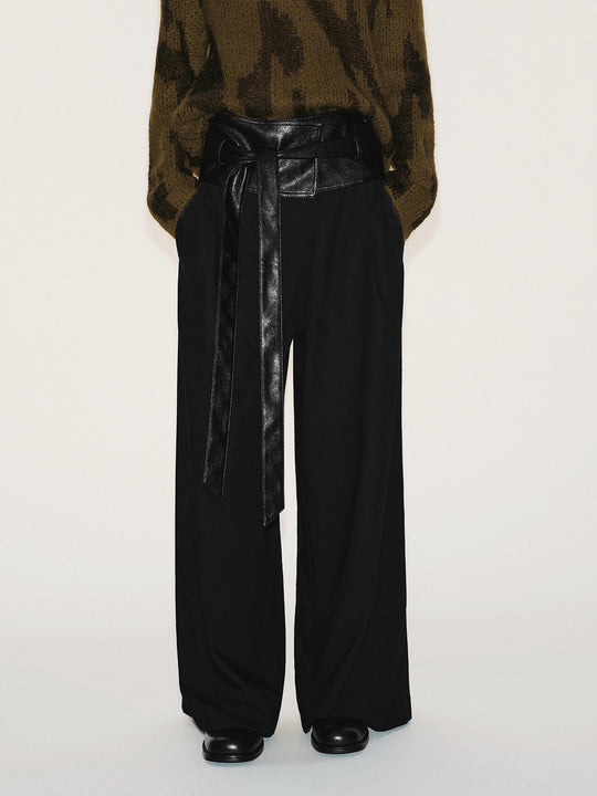 Faux Leather Tie Waist Wide Leg Pants