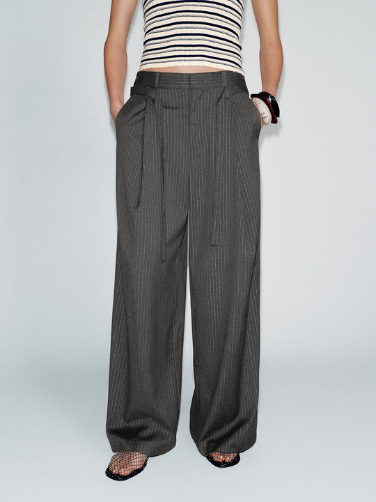Tie Belt Striped Wide Leg Pants