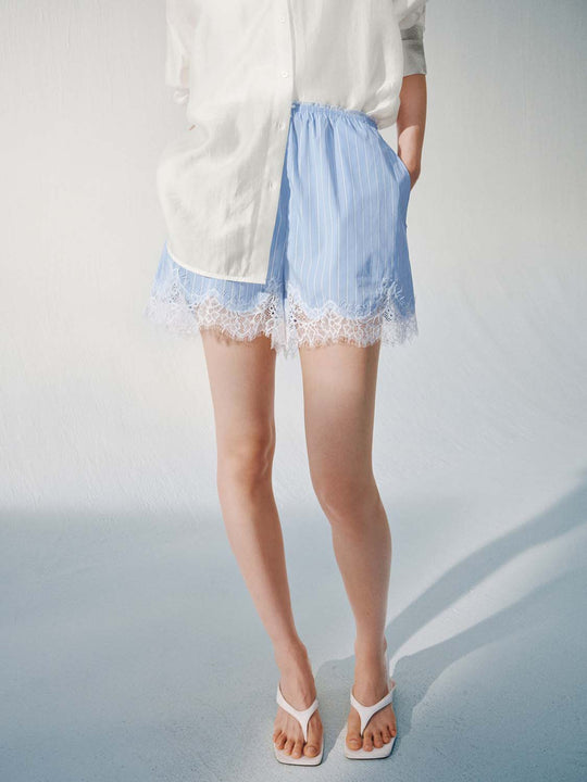 Lace Trim Striped Pull On Shorts