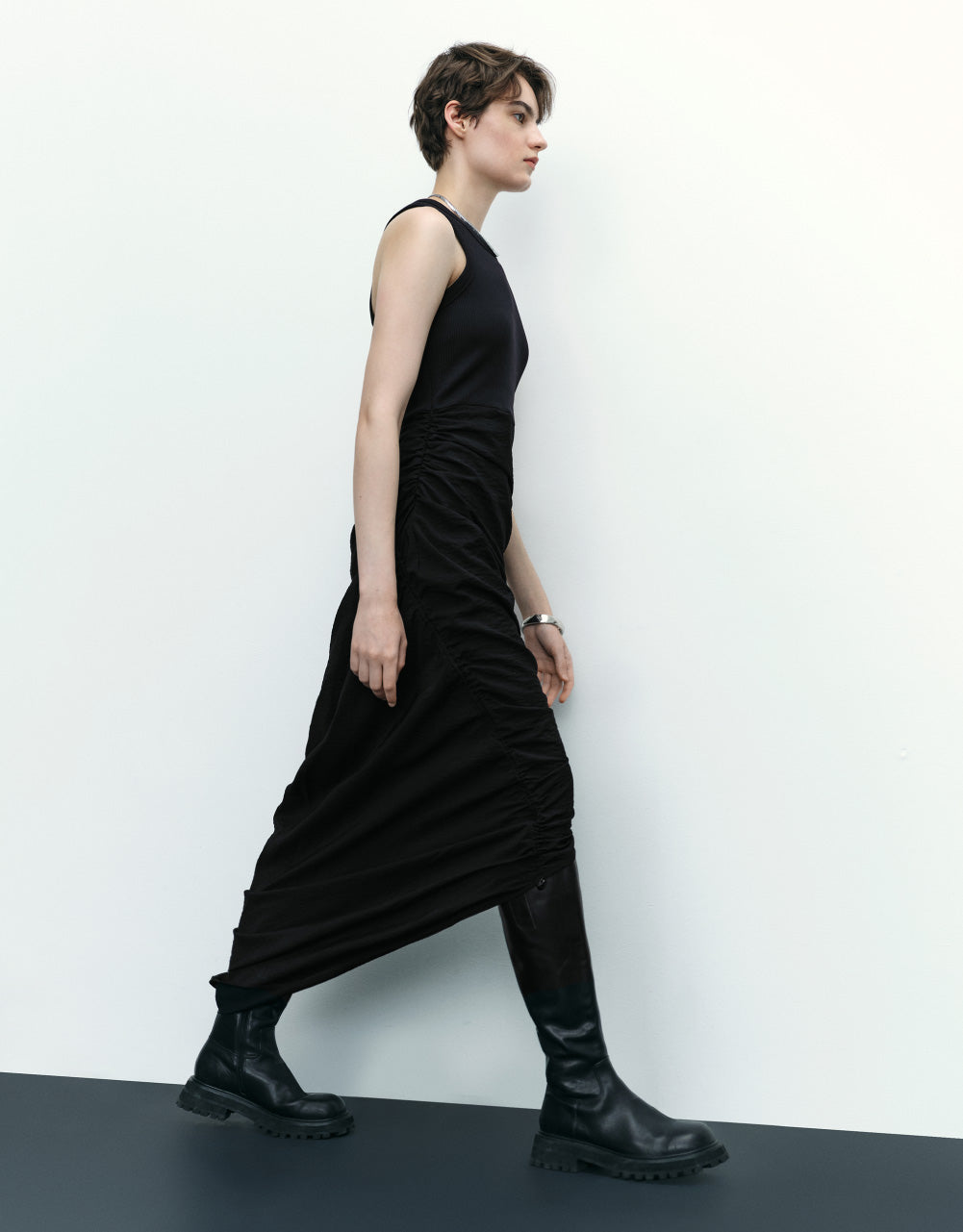Ruched Sleeveless Crew Neck Skater Dress