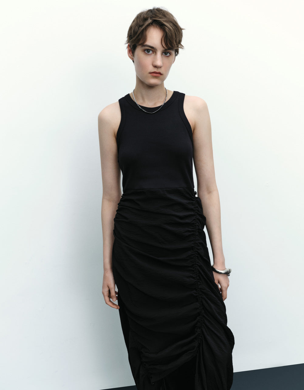 Ruched Sleeveless Crew Neck Skater Dress