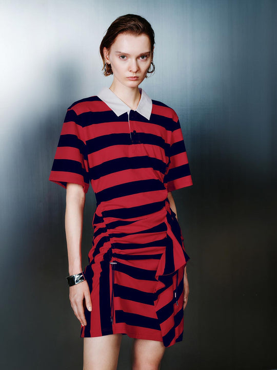 Polo Collar Striped Asymmetric Hem Cotton Midi Dress