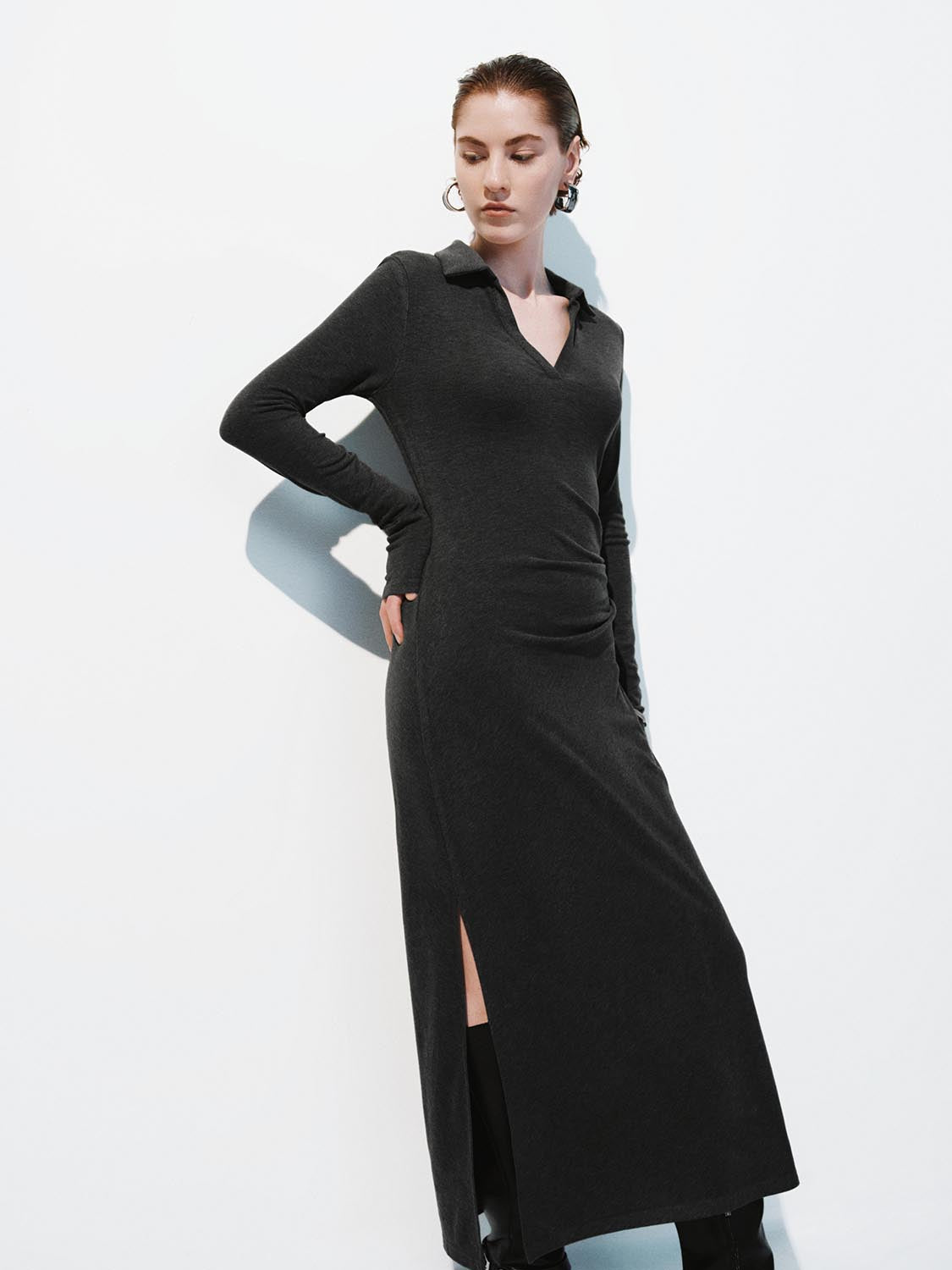 Collared Ruched Skinny Fit Maxi Dresses