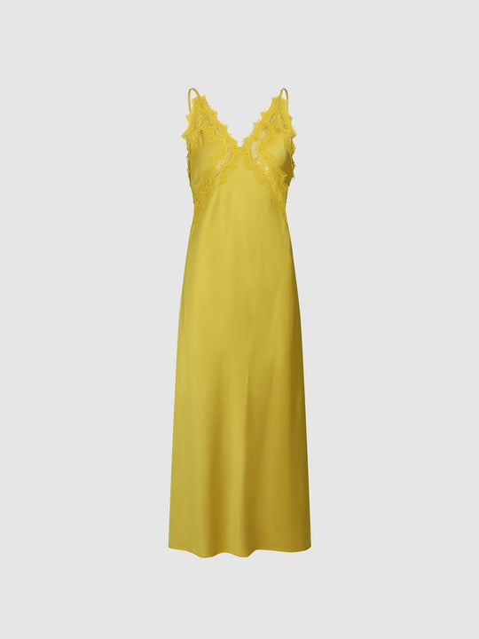 Lace Trimmed Bodice A-Line V-Neck Sleeveless Maxi Dress