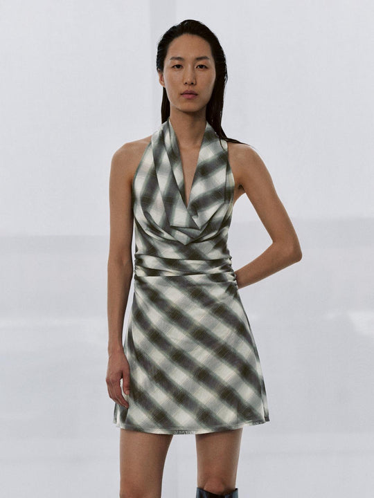Halter Neck Contrast Check A-Line Midi Dresses