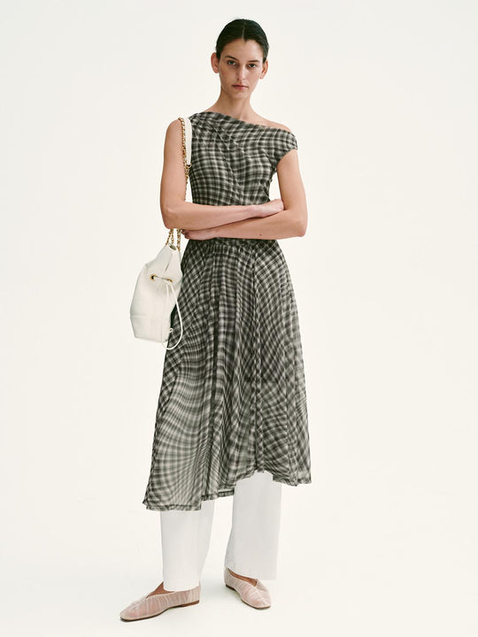 One Shoulder Folded Shoulder Check A-Line Midi Dresses