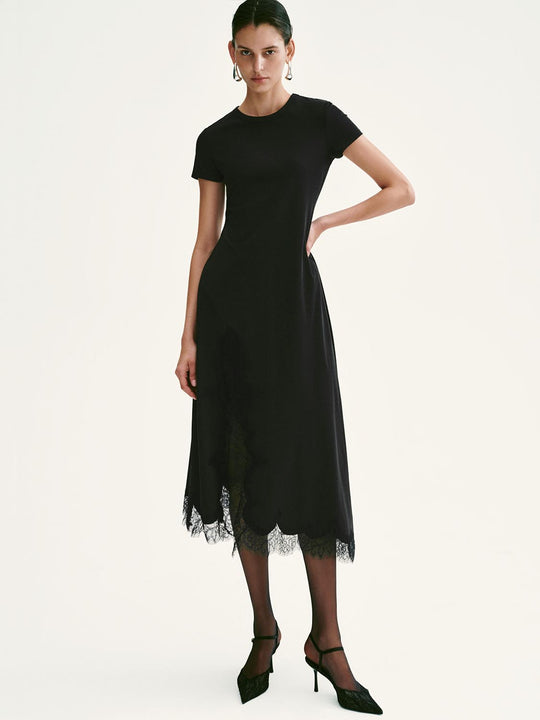 Crew Neck Short Sleeve Lace Trim A-Line Midi Dresses