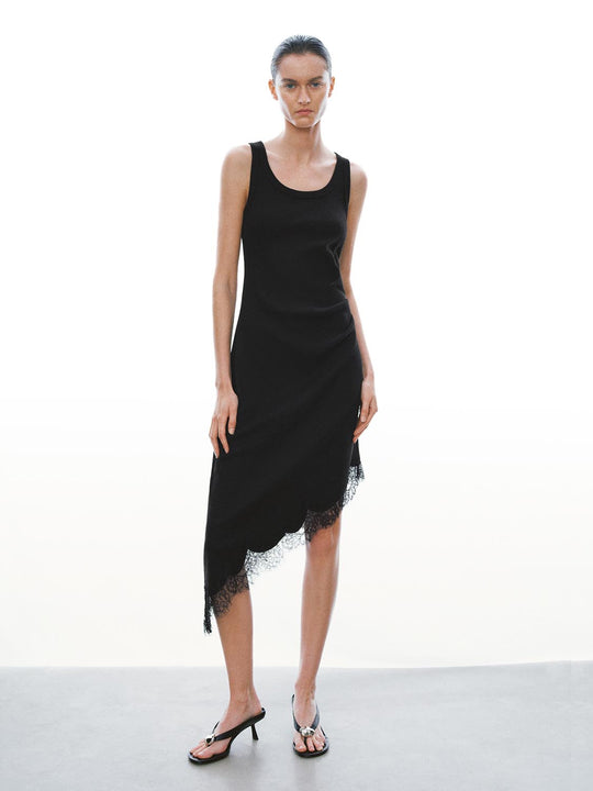 Asymmetric Lace Trim Sleeveless Skinny-Fit Midi Dresses