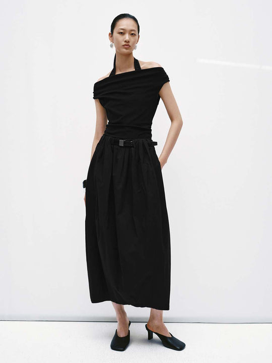 Halter Cowl Neck Ruched Sleeveless A-Line Midi Dresses