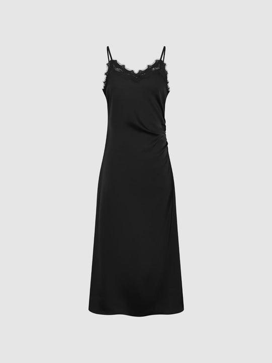 Lace Trim Strappy Draped A-Line Midi Dresses