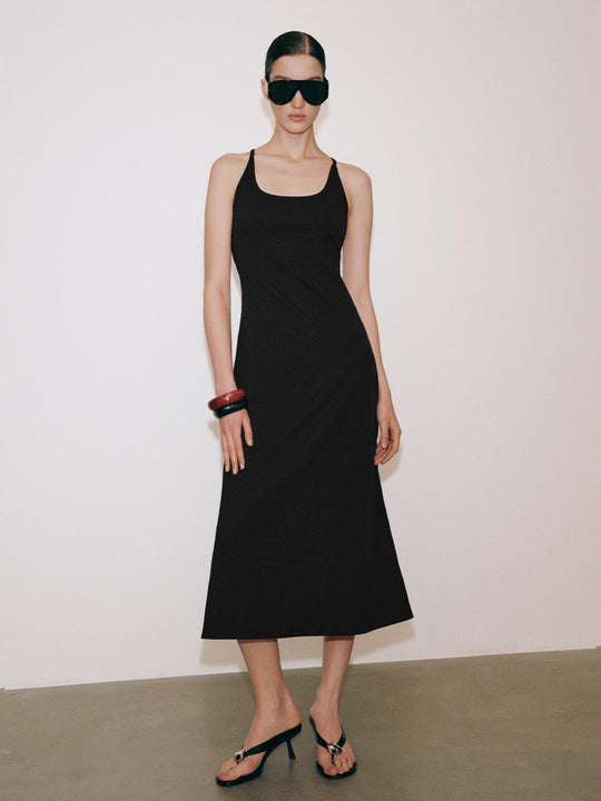 Strappy U-Neck Belted A-Line Maxi Dresses