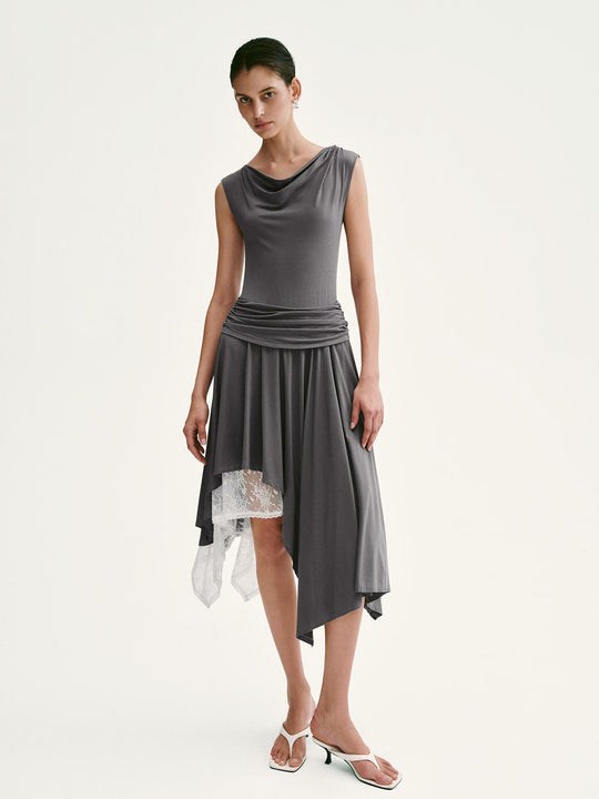 Lace Trim Asymmetric Pleated A-Line Midi Dresses