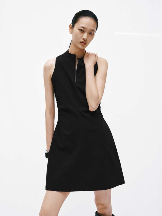 Mock Neck Half-Zip Sleeveless A-Line Midi Dresses