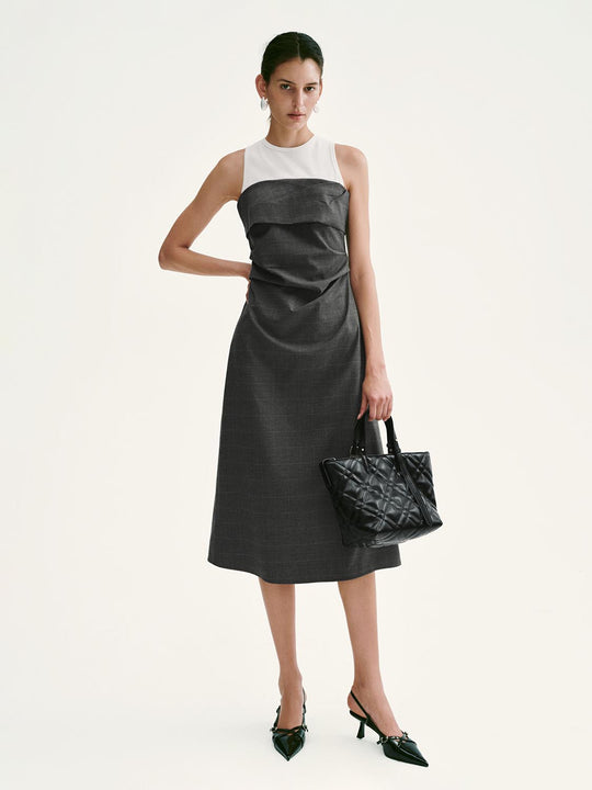 2 In 1 Check Sleeveless A-Line Midi Dresses