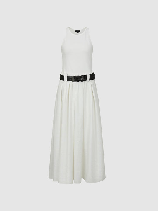 White Crepe Belted Sleeveless Pleated Midi Dresses