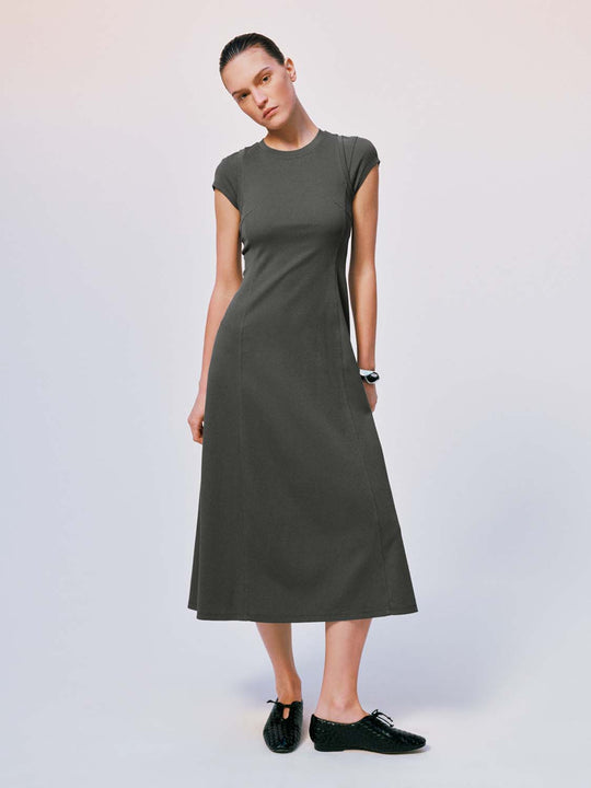 Cotton Olive Green Short Sleeve Aline Midi Dresses