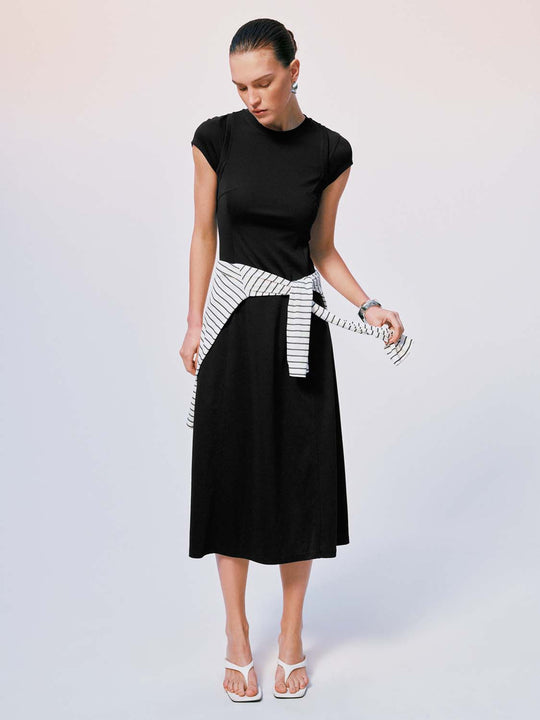 Cotton Black Crew Neck Short Sleeve A Line Midi Belt Dresses